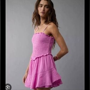 American Eagle AE Women Bella Ruffle Tiered Pink Romper Dress Embroidered Size S